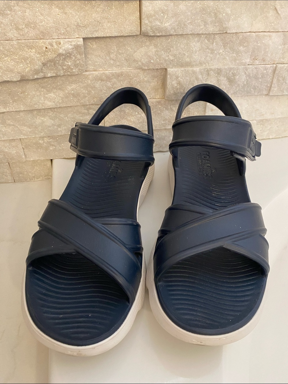 Skechers Women’s Navy and Cream Foam Platform Sandals - Picture 2 of 6